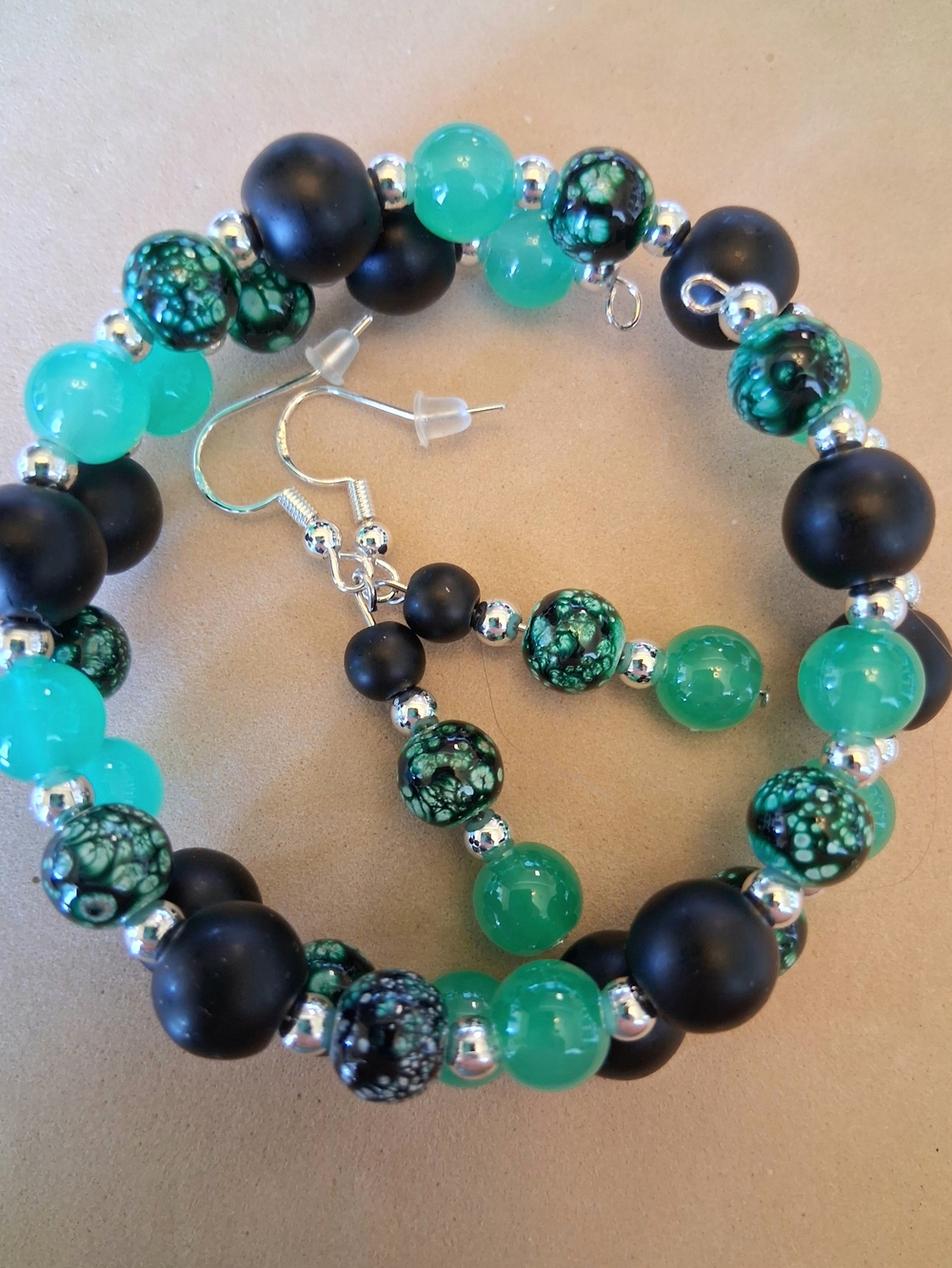 Handmade Black and Teal Beaded Bracelet & Earring Set